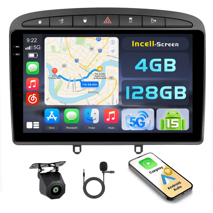 Hikity Android 15 4+128G Autoradio für Peugeot 308/408 2007-2015 mit 9 Zoll Incell Touchscreen, Auto