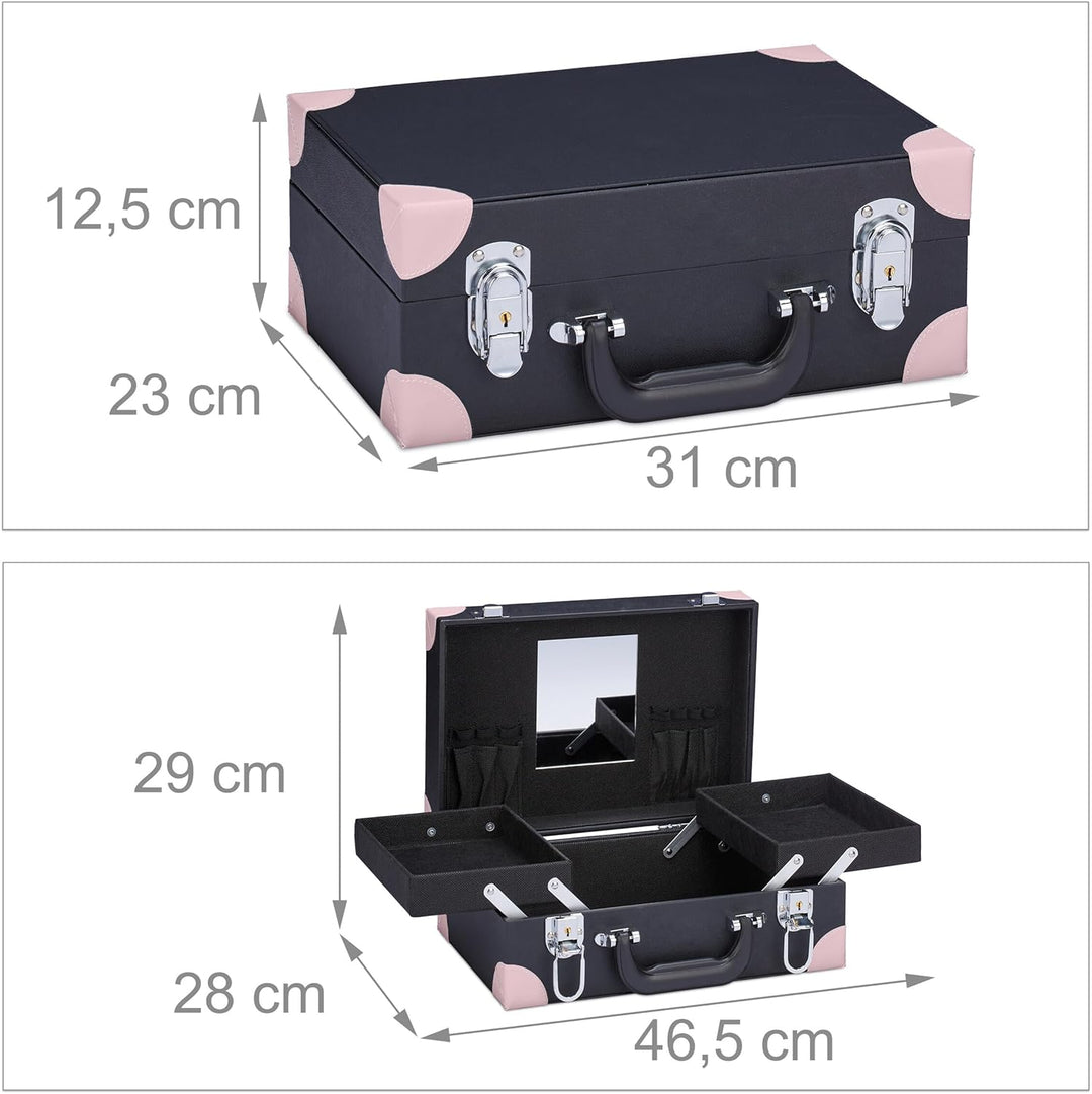 Relaxdays Kosmetikkoffer, für Make-Up, Nagellack, Schminkkoffer mit Spiegel, HBT: 12,5 x 31 x 23 cm,