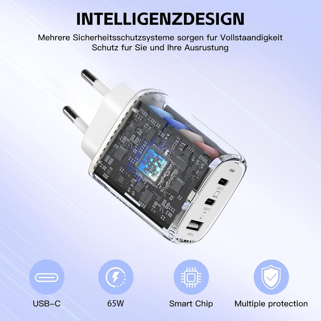 USB C Ladegerät 65W 3 Ports Mehrfach Stecker PD Schnellladegerät mit USB A und USB C Netzteile, USB