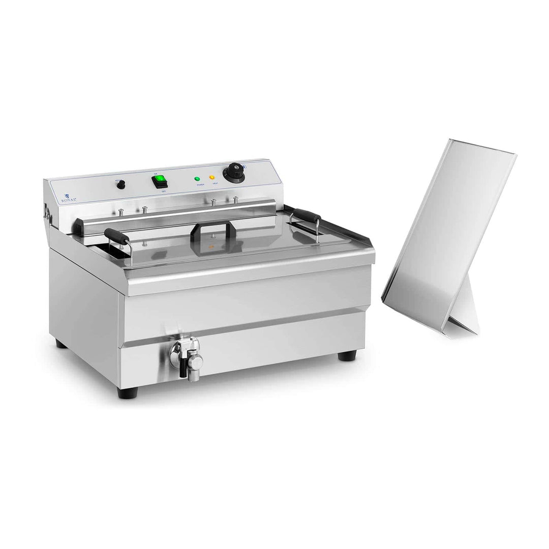 Royal Catering Fettbackgerät Edelstahl mit Ablage 30 L 9000 W 60-200 °C Kaltzone Fettablaufhahn Abde