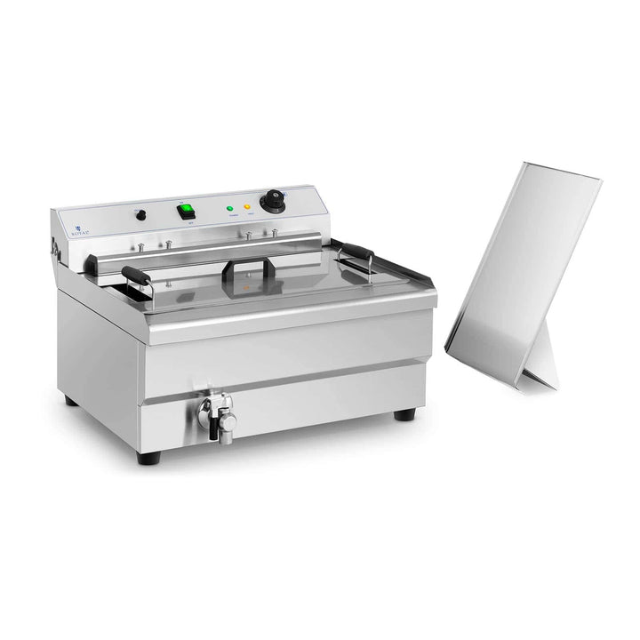 Royal Catering Fettbackgerät Edelstahl mit Ablage 30 L 9000 W 60-200 °C Kaltzone Fettablaufhahn Abde