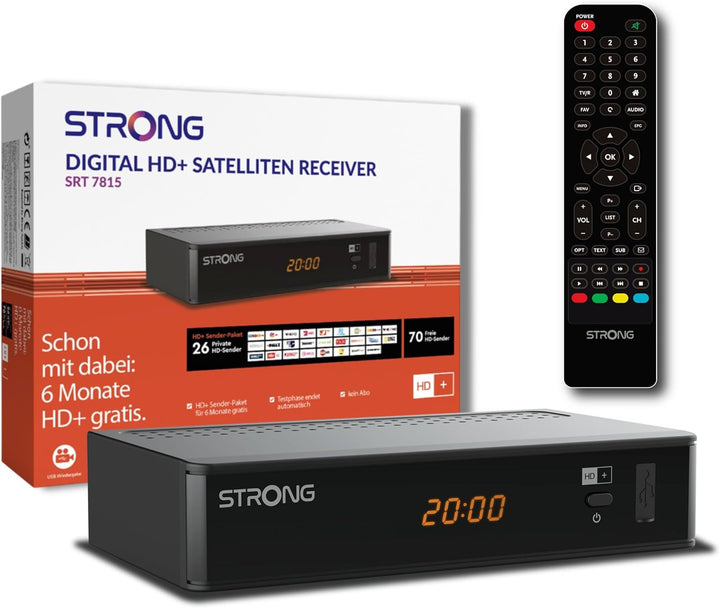 STRONG SRT7815 Digitaler HD Satelliten-Receiver, HD-SAT-Empfang, DVB-T2 HD, inklusive HD+ Karte für