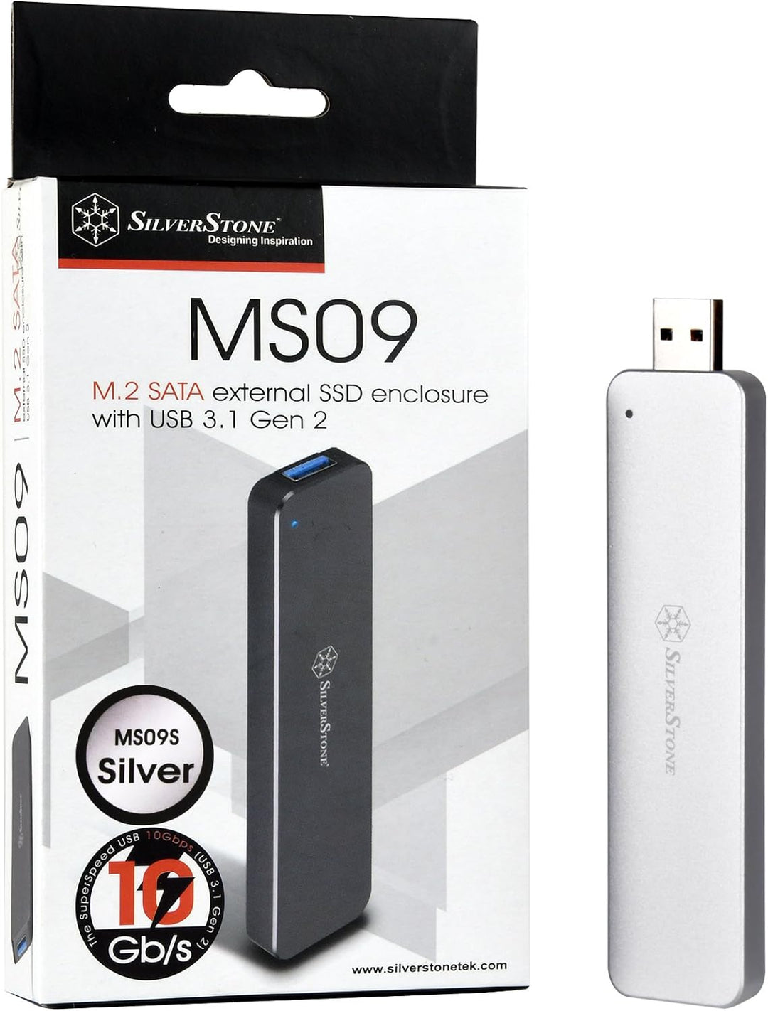 SilverStone SST-MS09S - Externes SATA zu M.2 SSD-Gehäuse, USB 3.1 Gen.2, silber, SST-MS09S