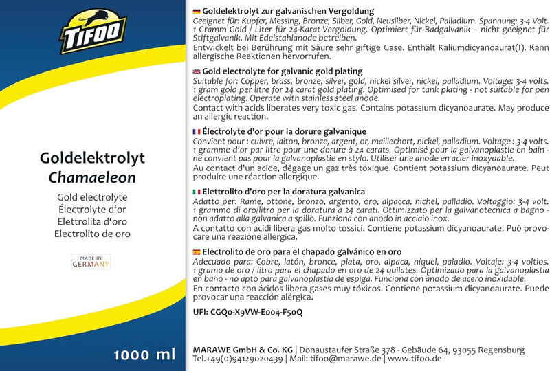 Goldelektrolyt Chamaeleon (1000ml) – Elektrolyt für Badgalvanik – Gold, Vergolden, Vergoldung, Goldb