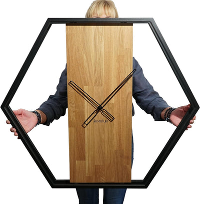 FLEXISTYLE Wanduhr gross XXL Hexagon Holz Eiche LOFT schwarz Industrial modern 80cm Durchmesser ohne