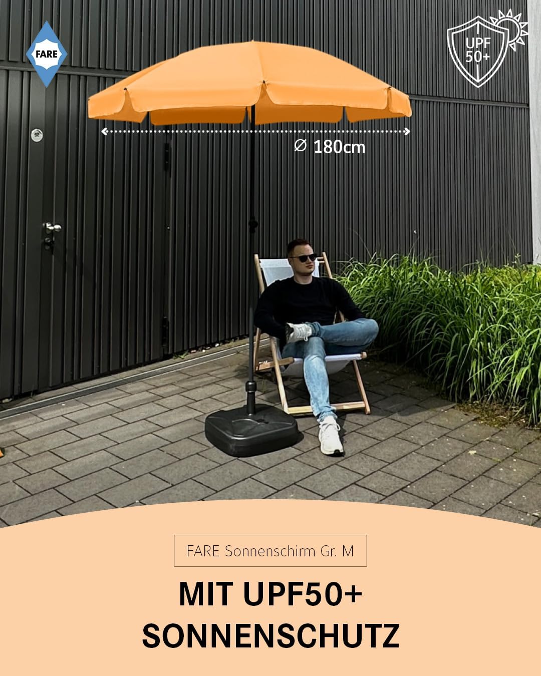 FARE Sonnenschirm Gr. M mit Volant - 180 cm Durchmesser - UV-Schutz 50+ für Balkon Garten Terrasse S