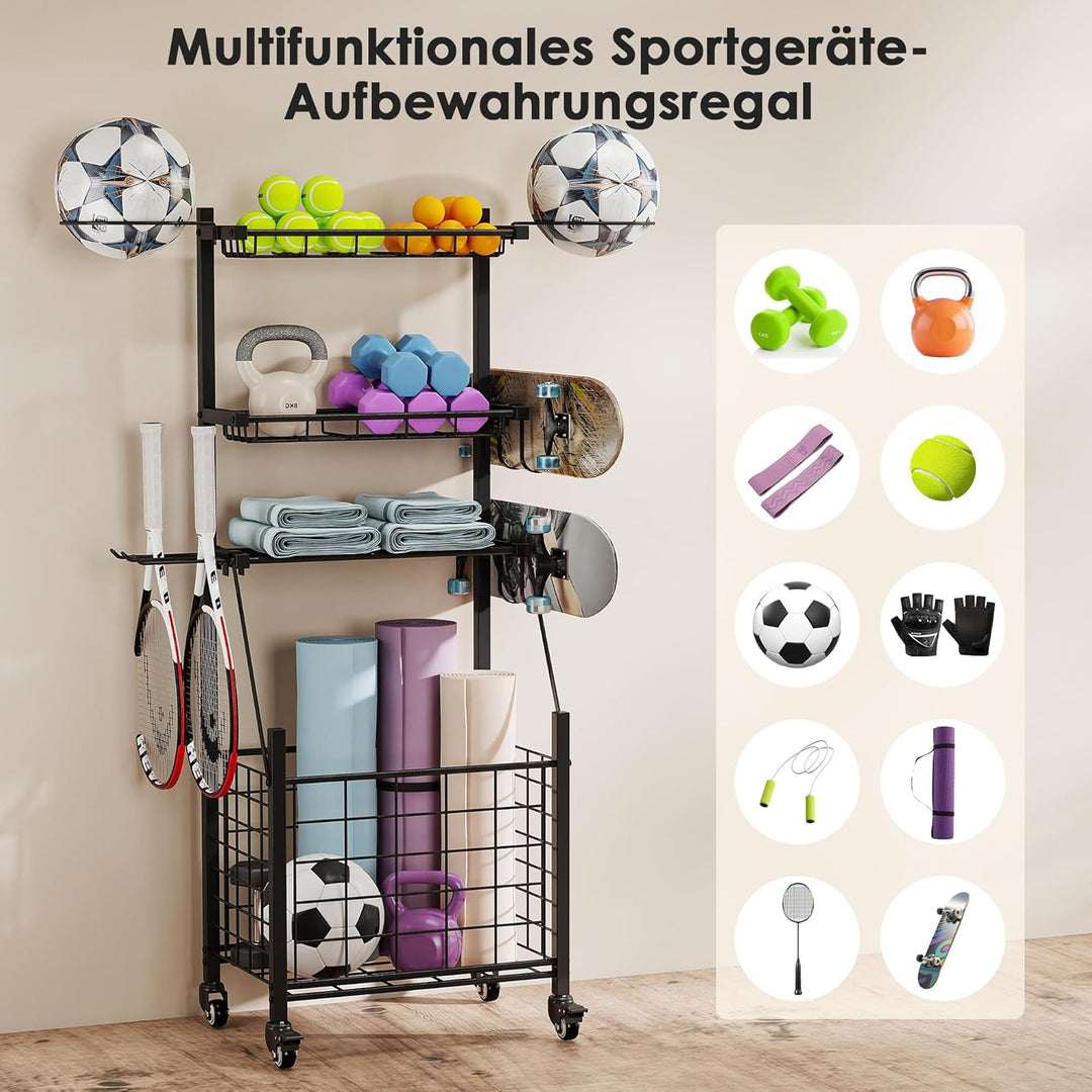 4 Stufige Ballständer, Boxing Regal Sportgeräte Organizer, Ballkorb Aufbewahrungsregal mit Rädern Kö