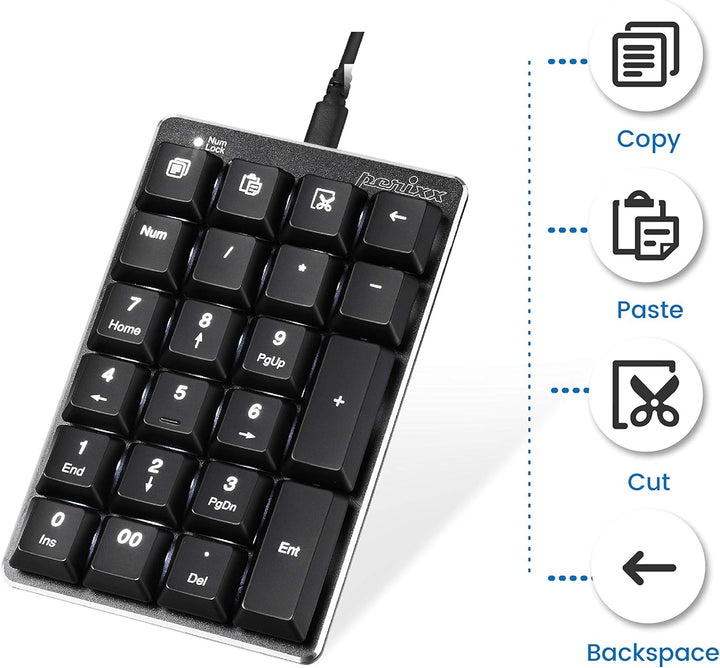 Perixx PERIPAD-303 Mechanischer Nummernblock mit Hintergrundbeleuchtung - USB - 22 Tasten - Brauner