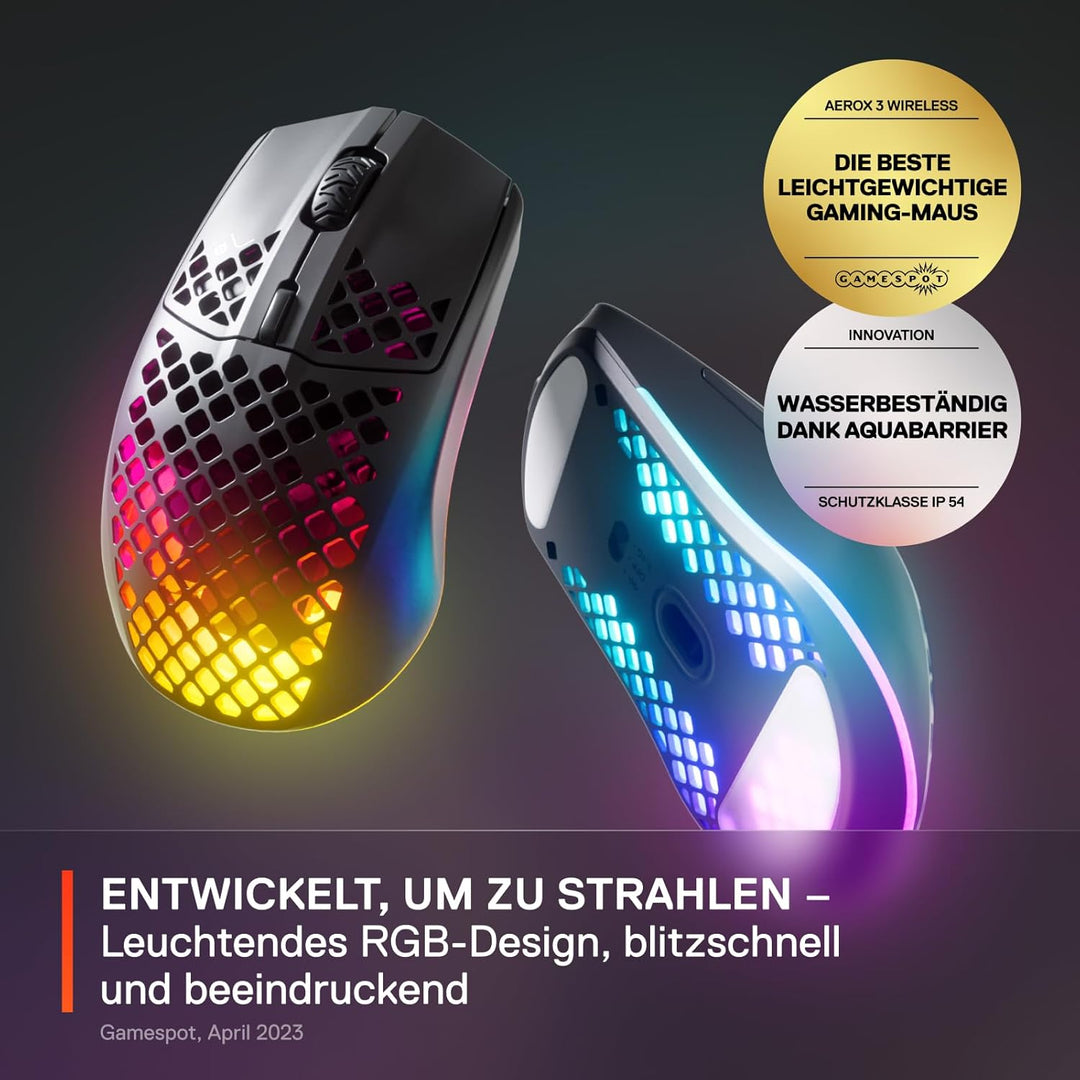 SteelSeries Aerox 3 Wireless - RGB Gaming-Mouse mit Öffnungen in der Oberfläche - Federleichtes, was