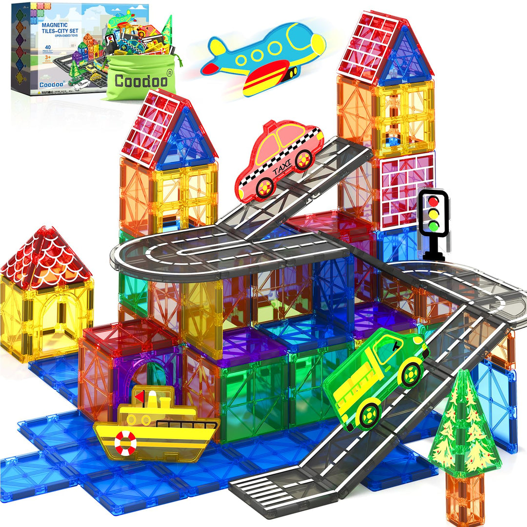 Coodoo Magnetische Fliesen Stadtstrassen-Set, Kinderspielzeug, sensorische Spiele für 3-jährige Jung