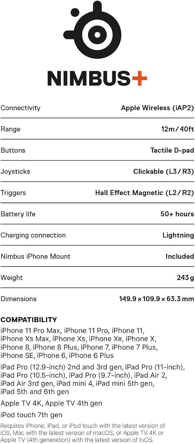 SteelSeries Nimbus+ Wireless Gaming-Controller - Wiederaufladbar - für iPhone, iPad, iPod und Apple