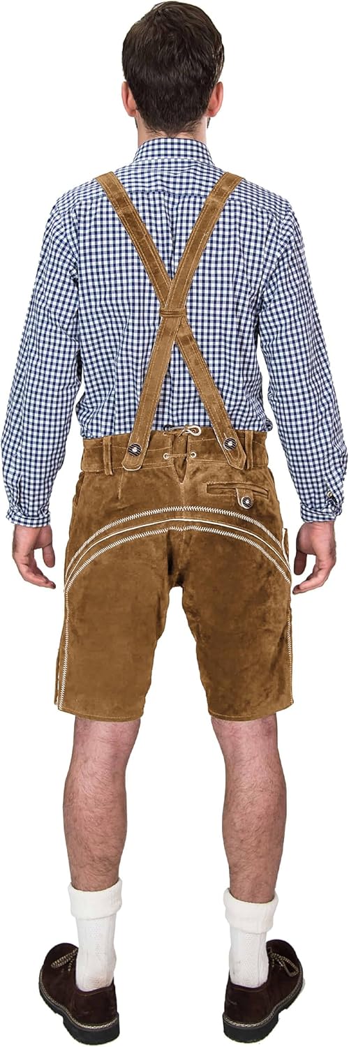 Bayerische Herren Trachten Lederhose kurz, Elegante Trachtenlederhose mit Trägern, original in Dunke