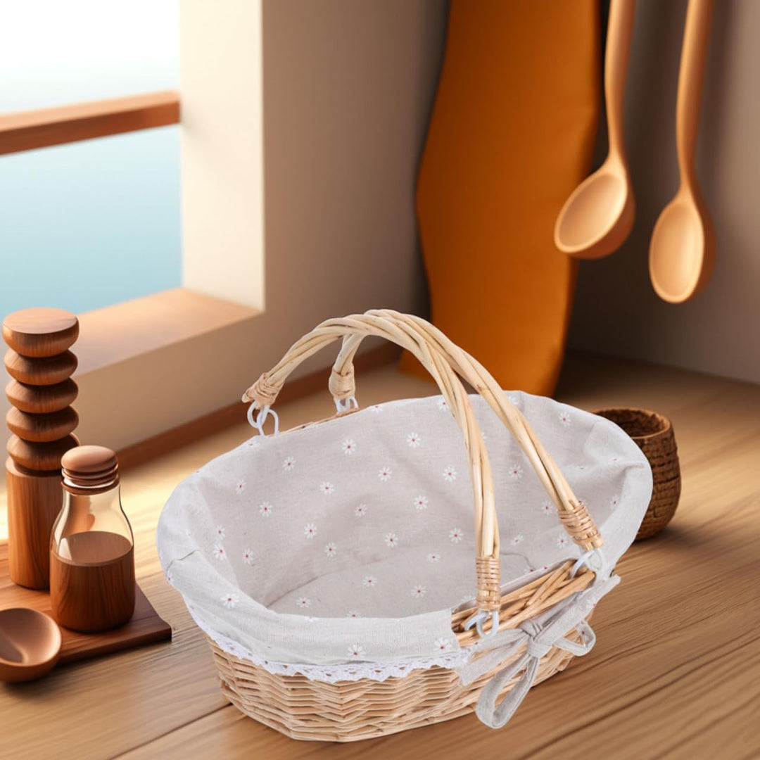 Healifty Picknickkorb Aus Rattan Mit Doppelten Klappgriffen Gänseblümchen-Sackleinen-Einlage Handgew