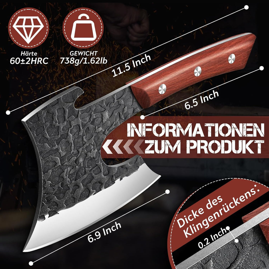 Purple Dragon Hackbeil Schwer für grosse Knochen und Fleisch, Full Tang Küchenbeil mit Lederscheide,
