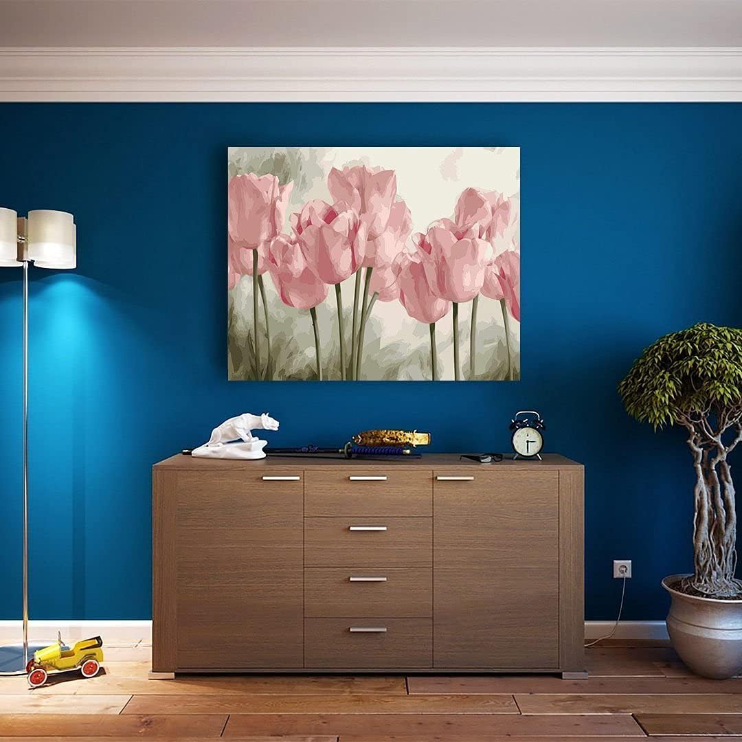 Artnapi Malen nach Zahlen Erwachsene mit Rahmen | DIY Handgemalt | Blumen - Rosa Tulpen | Kit für An