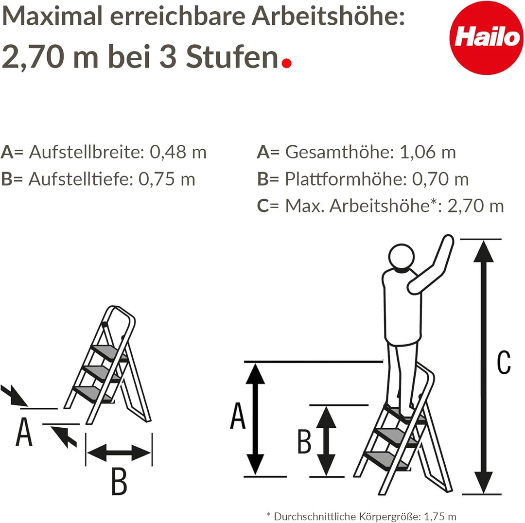 Hailo Alu-Klapptritt StandardLine, 3 grosse Stahl-Stufen bis 150 kg, kleine Alu Leiter mit Anti-Ruts