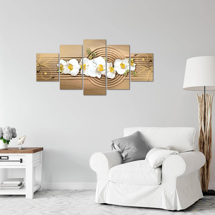Runa Art Wandbilder Blumen Orchidee 5 Teilig Bild auf Vlies Leinwand Deko Wohnzimmer Sand Beige Brau