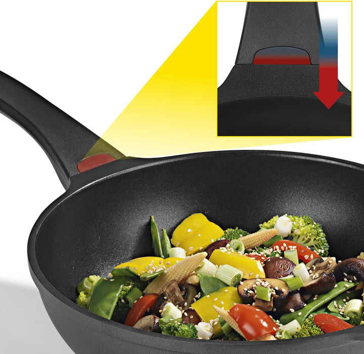 N8WERK Aluguss-Wokpfanne in der Midnight Edition 28 cm | Heat Indicator Farbwechsel-Temperaturanzeig