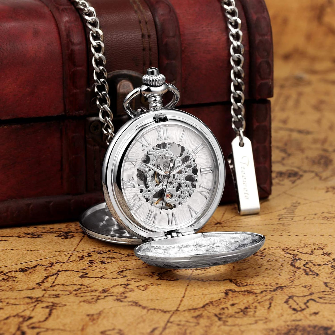 TREEWETO Unisex Taschenuhr mit Kette Mechanische Handaufzug Doppelscharnier Antik Skelett Römische Z
