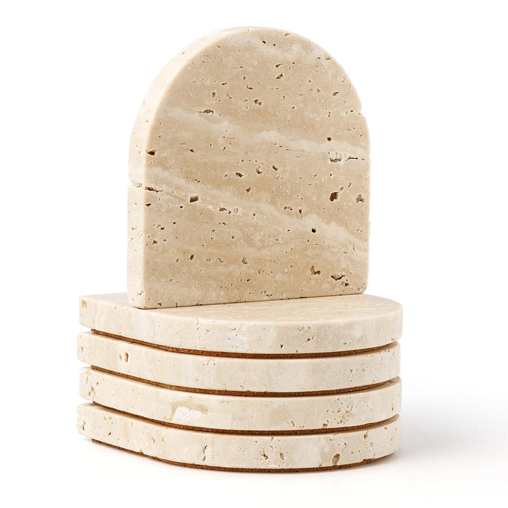 Marmor-Untersetzer, Beige Travertin Stein Marmor 5er-Set mit Korkboden, saugfähige Untersetzer für T