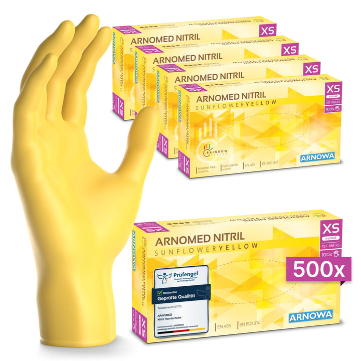 500 Stk (5x100) ARNOMED Einweghandschuhe Gelb, Einmalhandschuhe XS, Nitril Handschuhe Einweg, Nitril