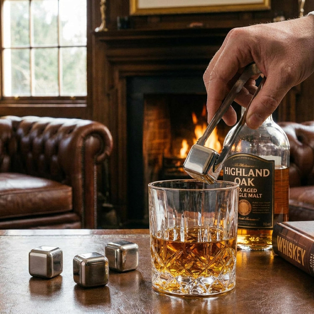 Whisky Steine Set - 8 Wiederverwendbare Edelstahl Eiswürfel, Zange + Stoffbeutel, Whiskey Ice Cubes