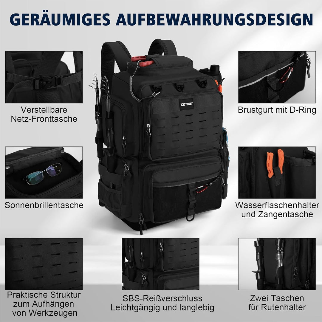 Goture Angelrucksack, 73-Liter Angelzubehör-Rucksack mit Zwei Rutenhaltern und Regenschutz, 600D Oxf