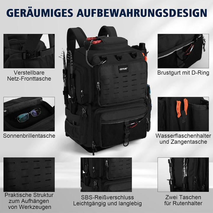 Goture Angelrucksack, 73-Liter Angelzubehör-Rucksack mit Zwei Rutenhaltern und Regenschutz, 600D Oxf