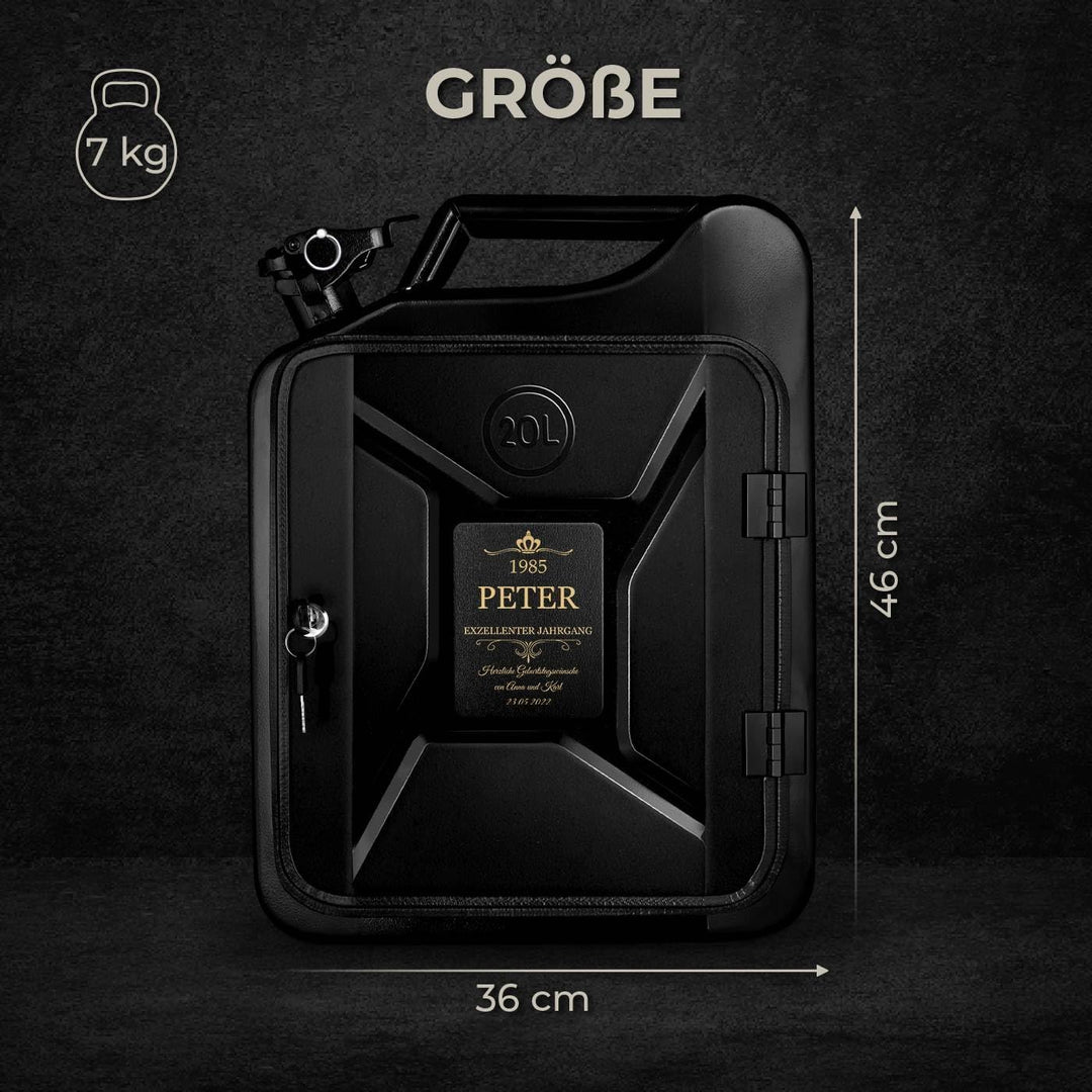 Maverton 20L Kanister Mini Bar mit Gravur - Jerrycan schwarzer Metall Mobile Bar - Geburtstagsgesche