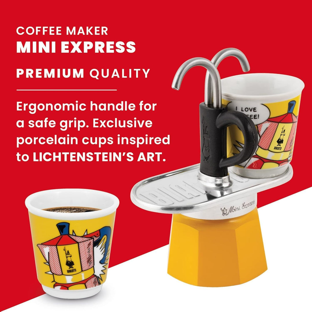Bialetti Mini Express Farbe Gelb, Espressokocher + 2 Gläser