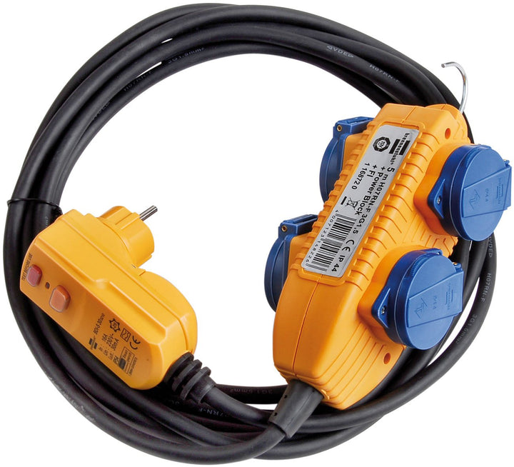 Brennenstuhl Schutzadapterleitung FI IP44 mit Powerblock Baustelleneinsatz und Outdoor 4-fach 5m, 11