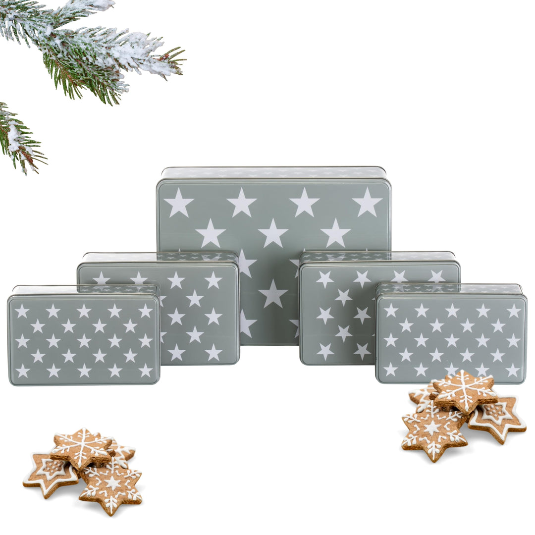 Brandsseller 5er Set Keksdose rechteckig Weihnachtsdose Plätzchendose Gebäckdose Metall Sterne 5er S