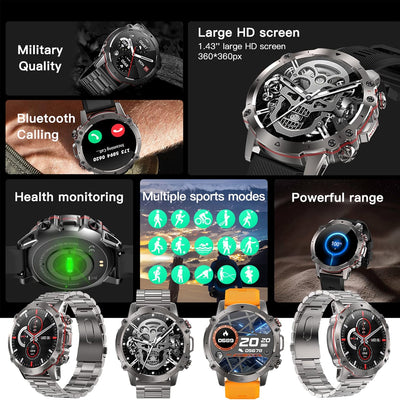 Smartwatch Herren mit Telefonfunktion, 1,43 Zoll HD Voll Touchscreen 5ATM mit 110+ Sportmodi Fitness