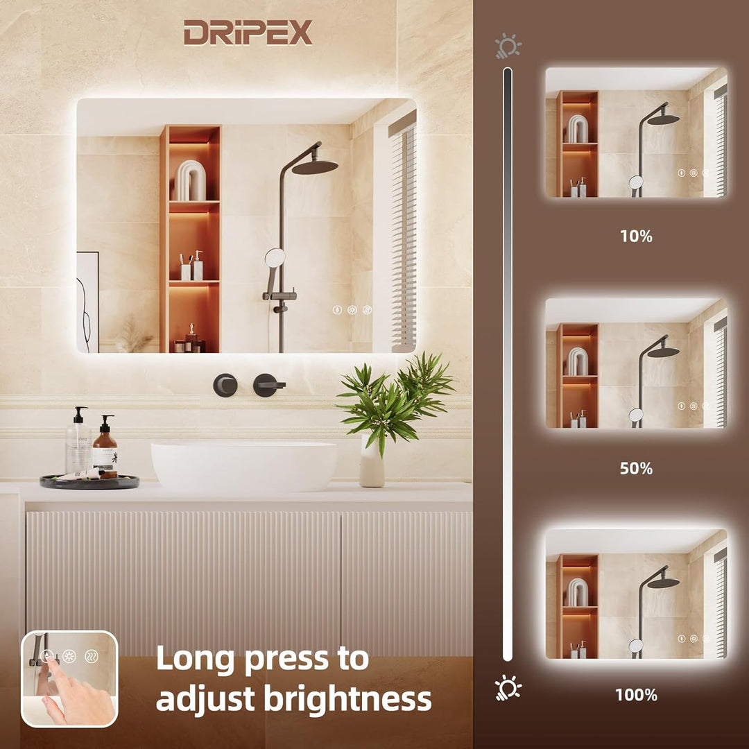 Dripex Badezimmerspiegel Led Badspiegel, Rechteckig, Touch-Schalter, Dimmbar, 3 Lichtfarbe Einstellb