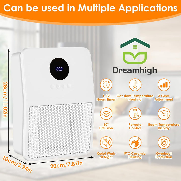 Dreamhigh® Keramik-Heizlüfter 1500W, Wandmontiert, Fernbedienung, 3 Temperatureinstellungen, Haken o