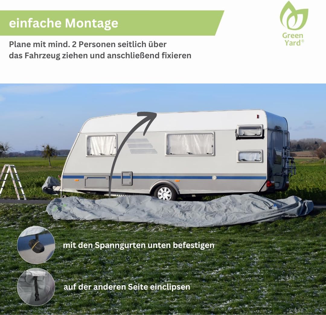 GreenYard® Wohnwagen Abdeckplane mit Reflektorstreifen | Grösse XXL 730 x 250 x 220 cm | Camping Sch