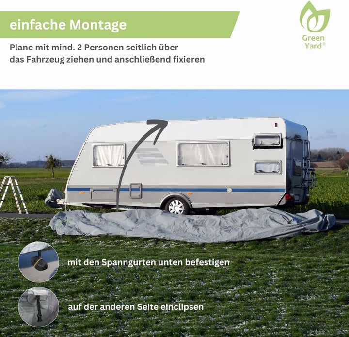GreenYard® Wohnwagen Abdeckplane mit Reflektorstreifen | Grösse XXL 730 x 250 x 220 cm | Camping Sch