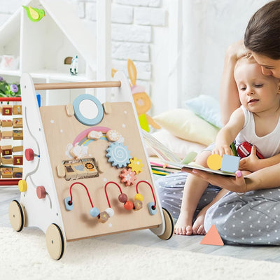 COSTWAY Lauflernhilfe aus Holz, 7 in 1 Lauflernwagen mit Spielbrett, Spiegel & Bauklötzen, Laufwagen