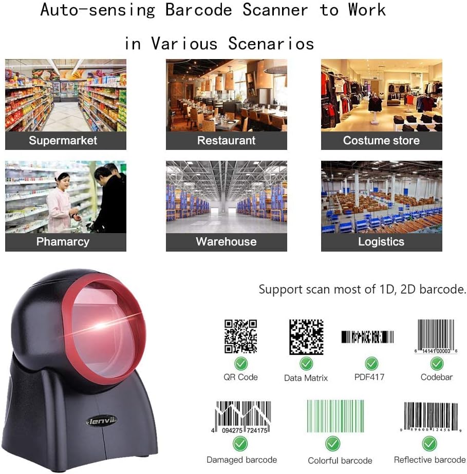LENVII Omnidirektionaler Freisprech QR Code lesegerät, Desktop Barcode Scanner 1D/2D/QR Code Scanner