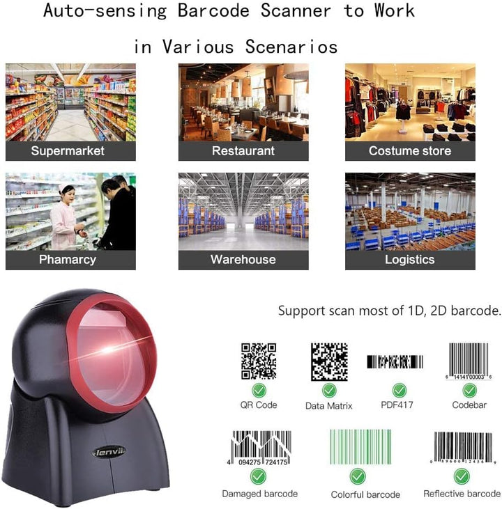 LENVII Omnidirektionaler Freisprech QR Code lesegerät, Desktop Barcode Scanner 1D/2D/QR Code Scanner