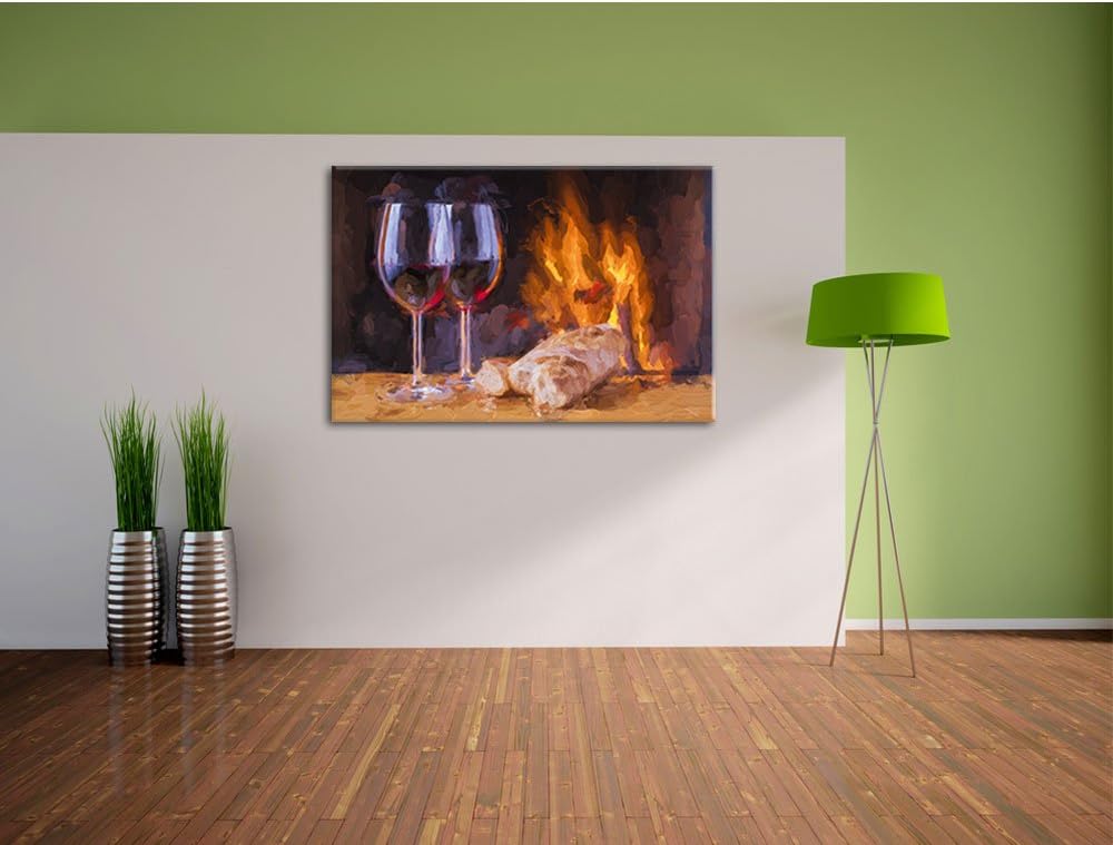 Pixxprint Wein und Baguette am Kamin Pinsel Effekt, Format: 100x70 auf Leinwand, 100x70