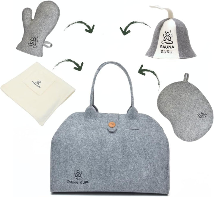 Sauna-Zubehör-Set – Woll-Banja-Hut, Kilt-Handtuch, Aufbewahrungstasche, Filzhandschuh &amp; Sitzkissen –
