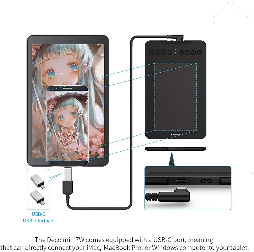 XP-PEN Deco Mini 7W Grafiktablett, 7,03''x4,38'' Pad, 2.4G Wireless Stift Tablett, zum Zeichnen, Des