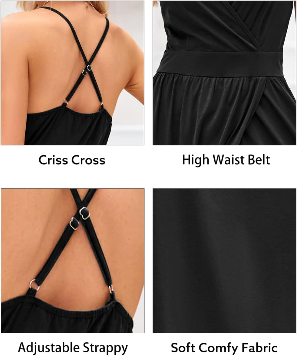 OUGES Damen Sommerkleid V-Ausschnitt Maxikleid Rückenfreies High Waist Spaghetti Strap Freizeitkleid