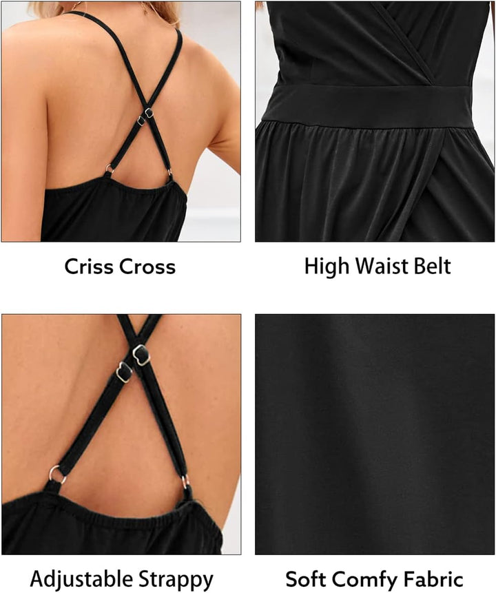 OUGES Damen Sommerkleid V-Ausschnitt Maxikleid Rückenfreies High Waist Spaghetti Strap Freizeitkleid
