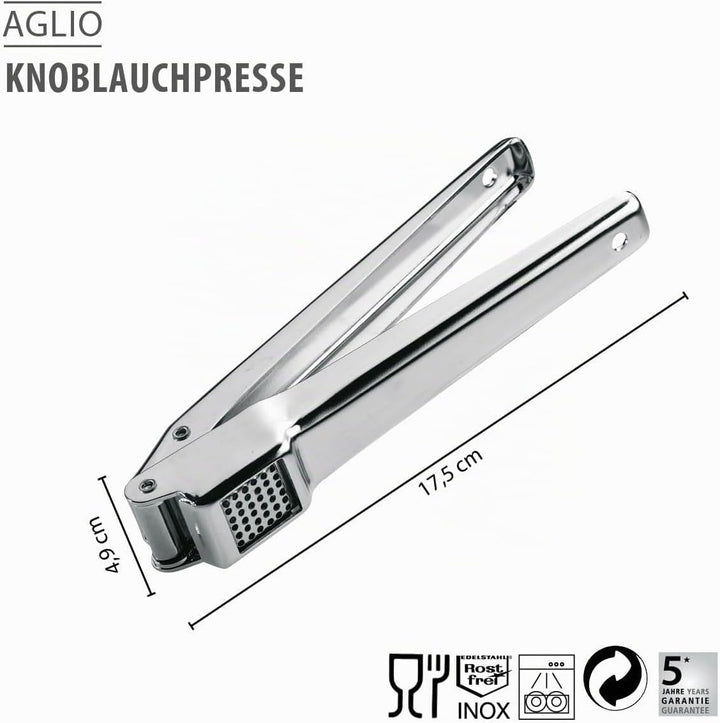 GEFU Knoblauchpresse AGLIO | Edelstahl-Knoblauchdrücker mit schwenkbarem Siebeinsatz, Profi-Qualität