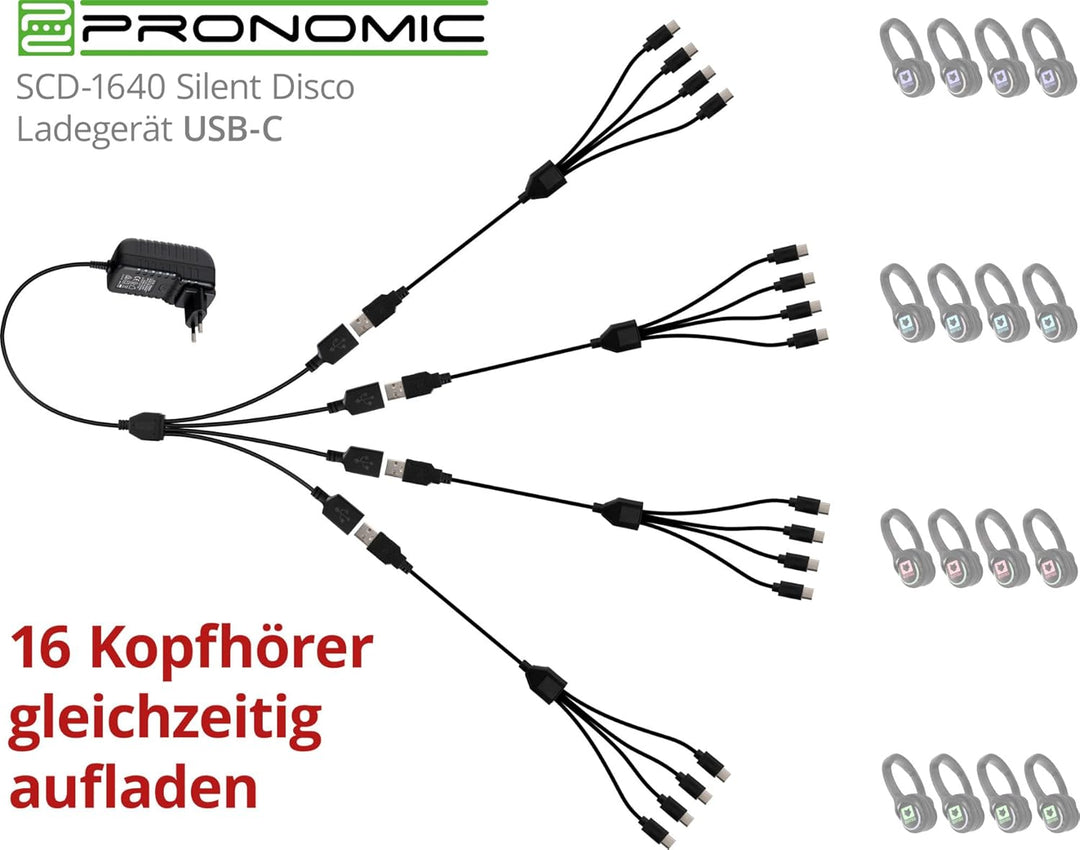 Pronomic SDC-1640 USB-C Ladegerät für Silent Disco V2 Kopfhörer - Mehrfach-Ladestation mit 16 Ports,