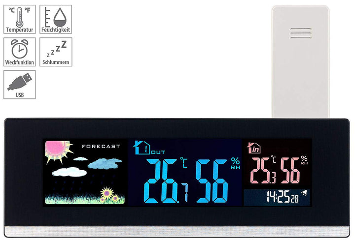 infactory Tisch Funkwecker: Tisch-Wetterstation, Funk-Aussensensor, Farb-LCD-Display, USB-Ladeport (