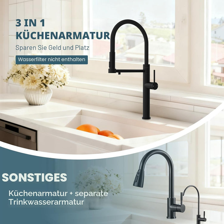 Tohlar 3 Wege Wasserhahn Küche, 360°Drehbar Küchenarmatur, 3 in 1 Mischbatterie für Wasserfilter Osm