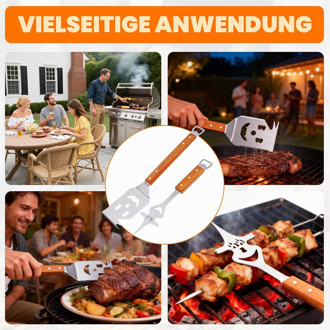 7 in 1 grillspachtel, 420 Edelstahl Grillbesteck Set für Barbecue Grill, mit 22 cm Holzgriff,Einziga